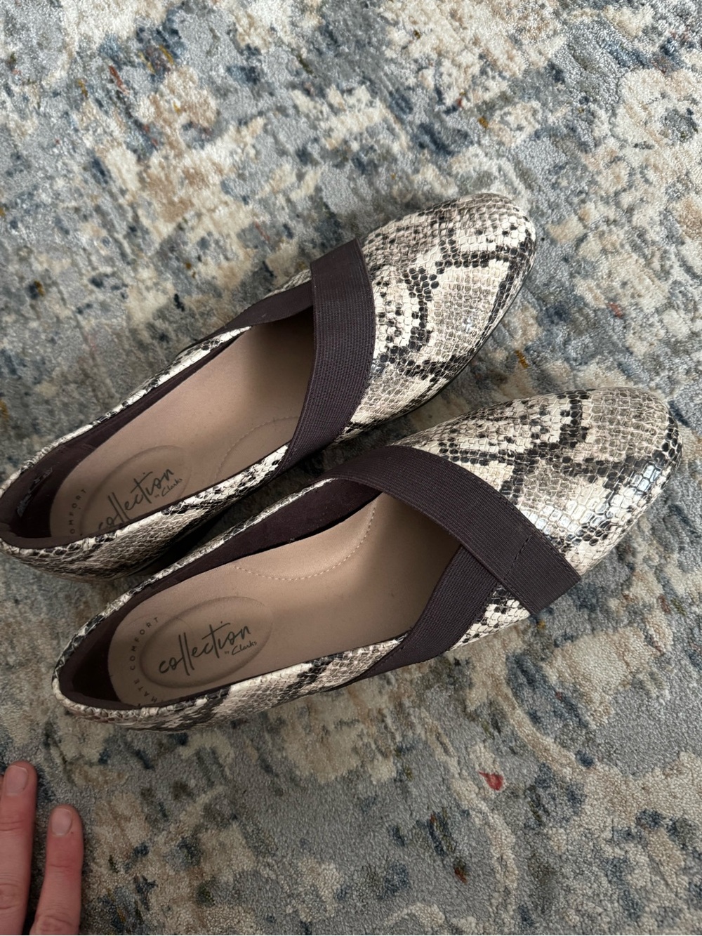 Clarks Snake-Print Flats in Taupe and Black
